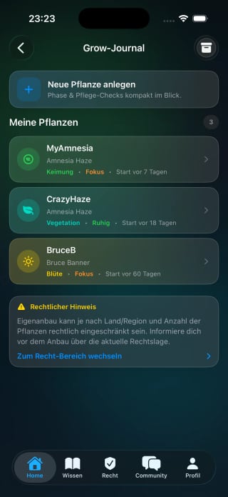 Leafari Grow Journal mit Phasen, Aufgaben und Pflanzenstatus