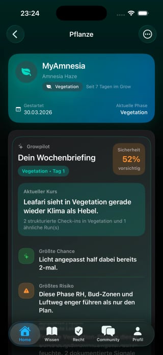 Leafari Pflanzendetail mit Wochenbriefing und Vegetationsdaten