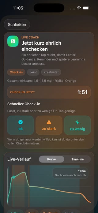 Leafari Smart Session Check-in mit schneller Einordnung und Verlaufskurve