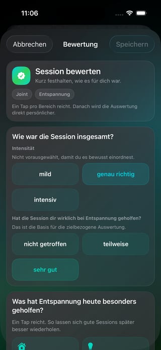 Leafari Sessionbewertung mit ruhigen Auswahloptionen zur Einordnung